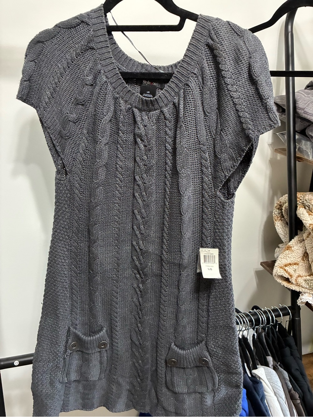 Style & Co. Cable Knit Short Sleeve Dress in Charcoal Gray